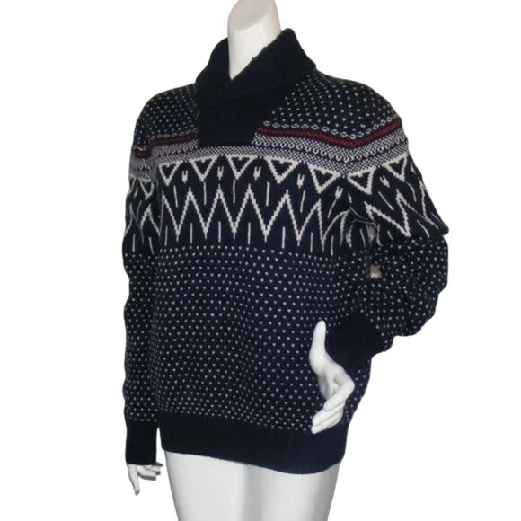 GAP Pullover Sweater, L, Fair Isle, Shawl Collar, Blue Lambswool/Nylon, Nordic - Picture 4 of 13